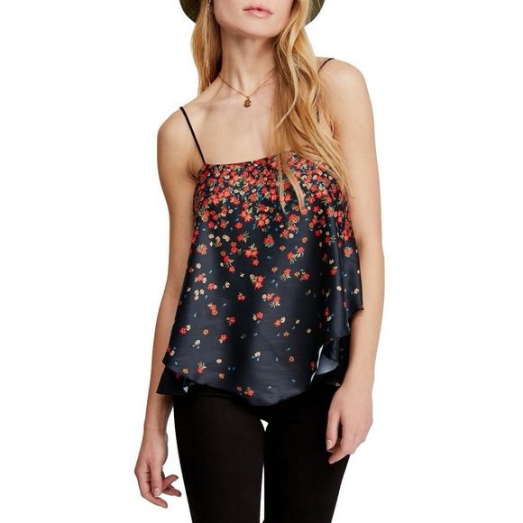 INTIMATELY FREE PEOPLE Black/Red Floral Spaghetti Strap Ruffle Top - Picture 1 of 10